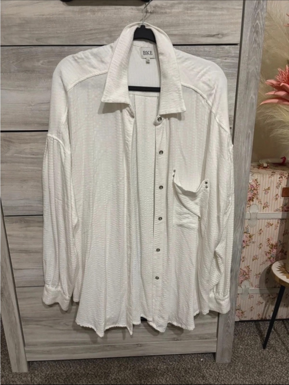 BKE White Textured Lightweight Button-Up Shirt Jacket